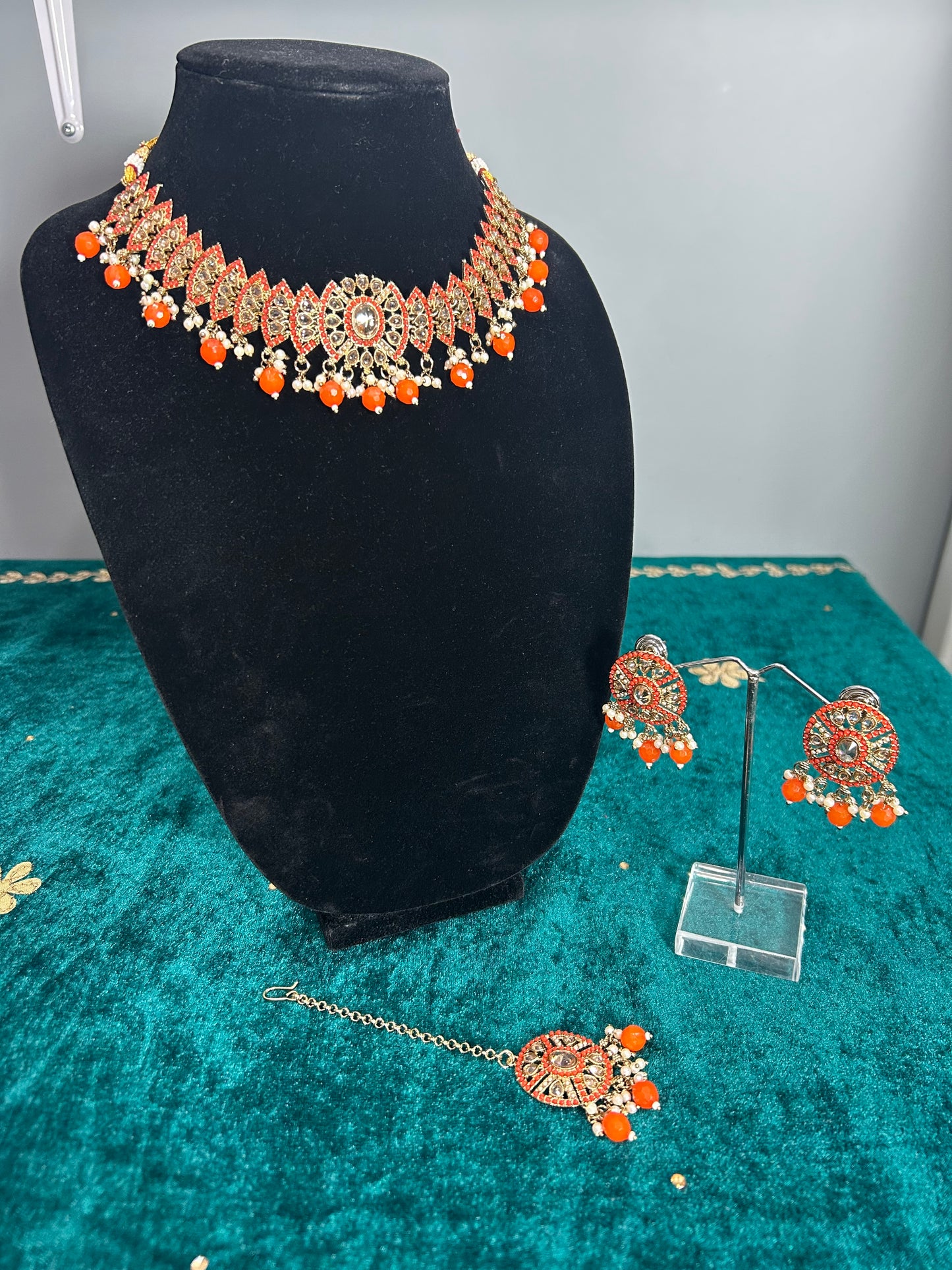 Orange Polki Necklace Set