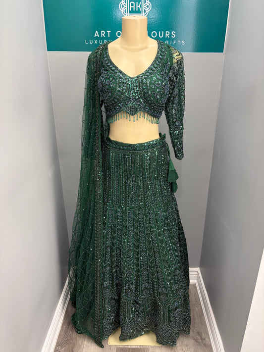 Bottle Green Beaded Lehenga- AK3941-0426