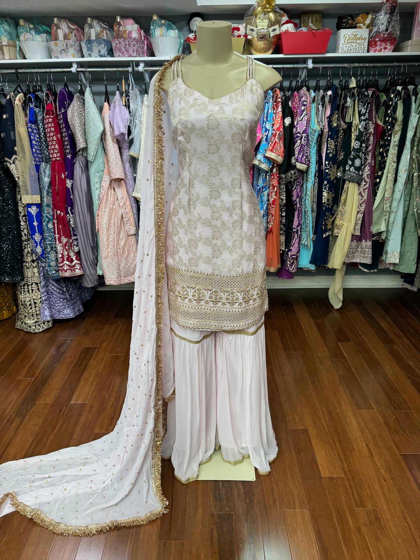 Banarsi Strap Gharara Suit Baby Pink