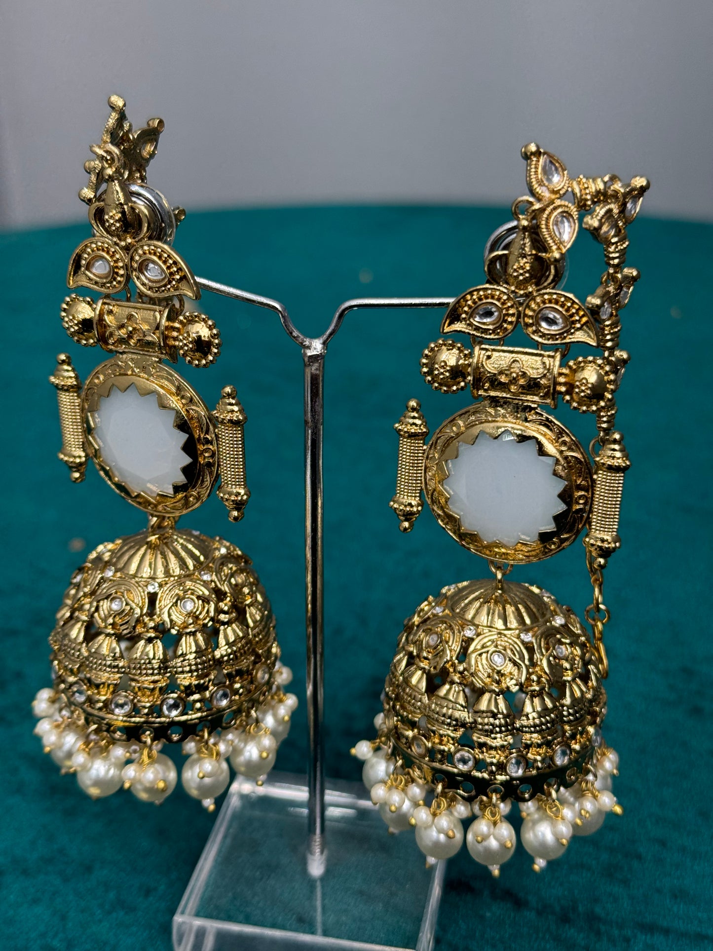 Gold-Plated Jhumka Earrings with Kundan and Pearl Detailing