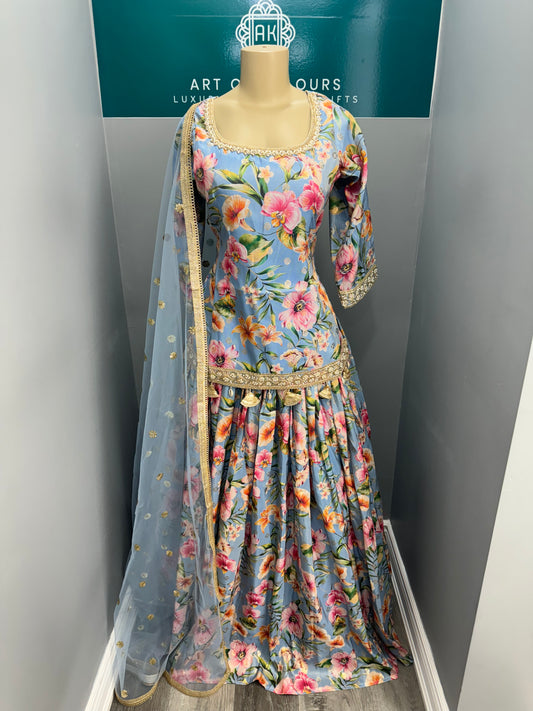 Floral Short Kurti Lehenga- Blue