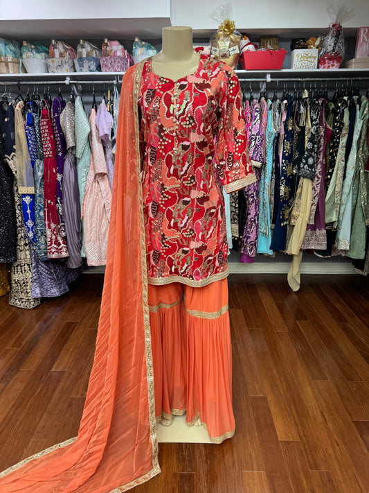 Sequence Work Multi Orange Gharara Suit