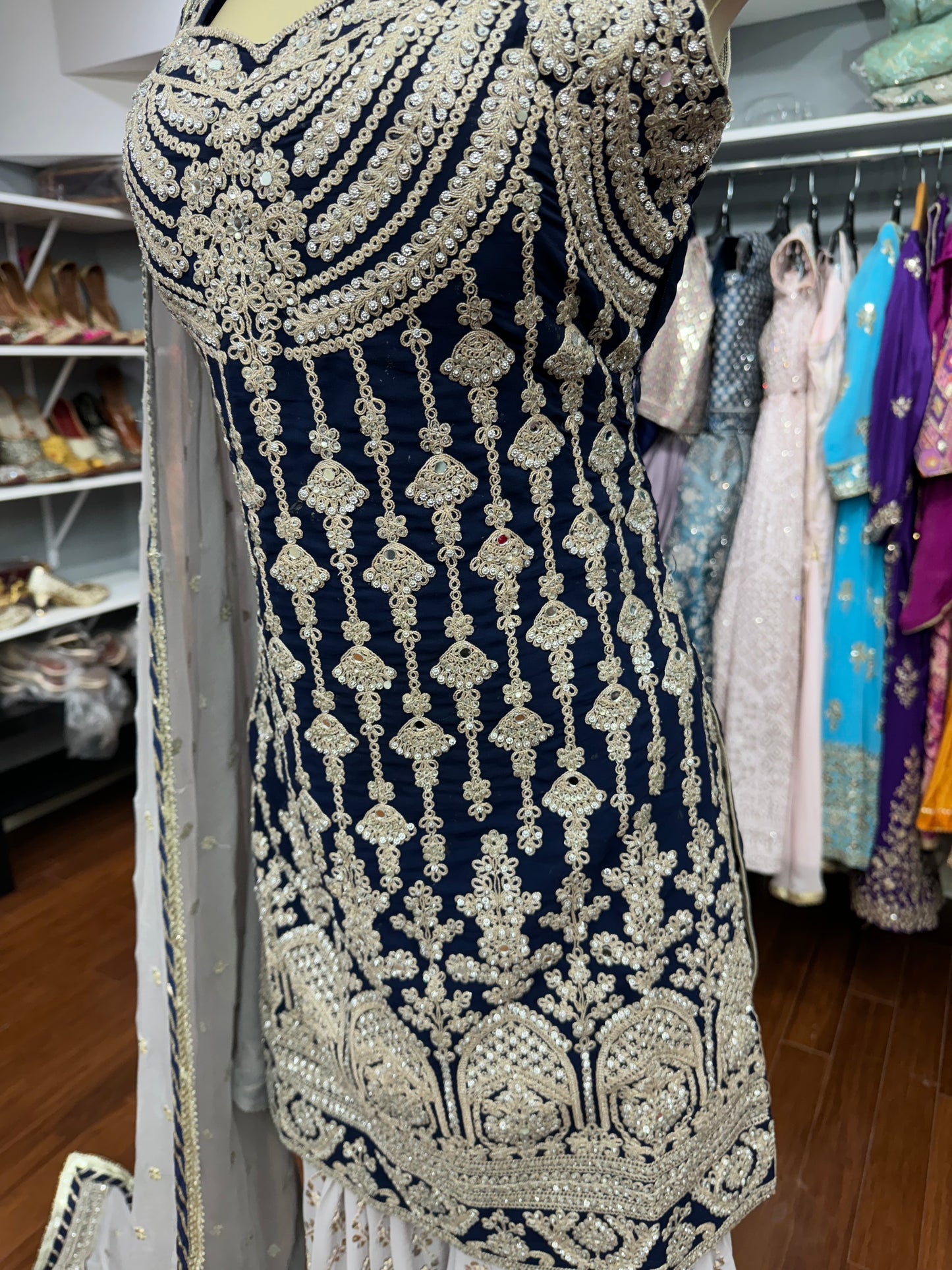 Heavy Stone Work Navy and Grey Gharara Suit