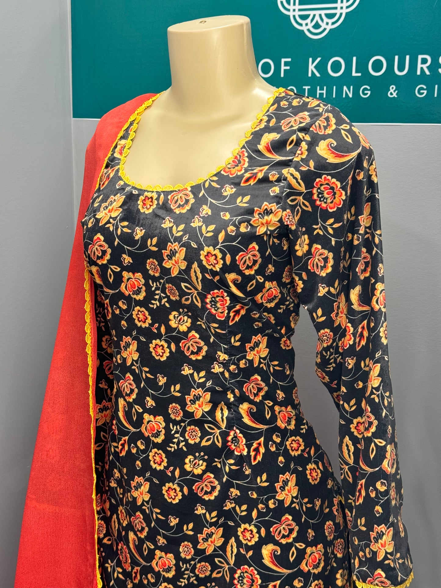 Printed Velvet Salwar Suit- Black Yellow