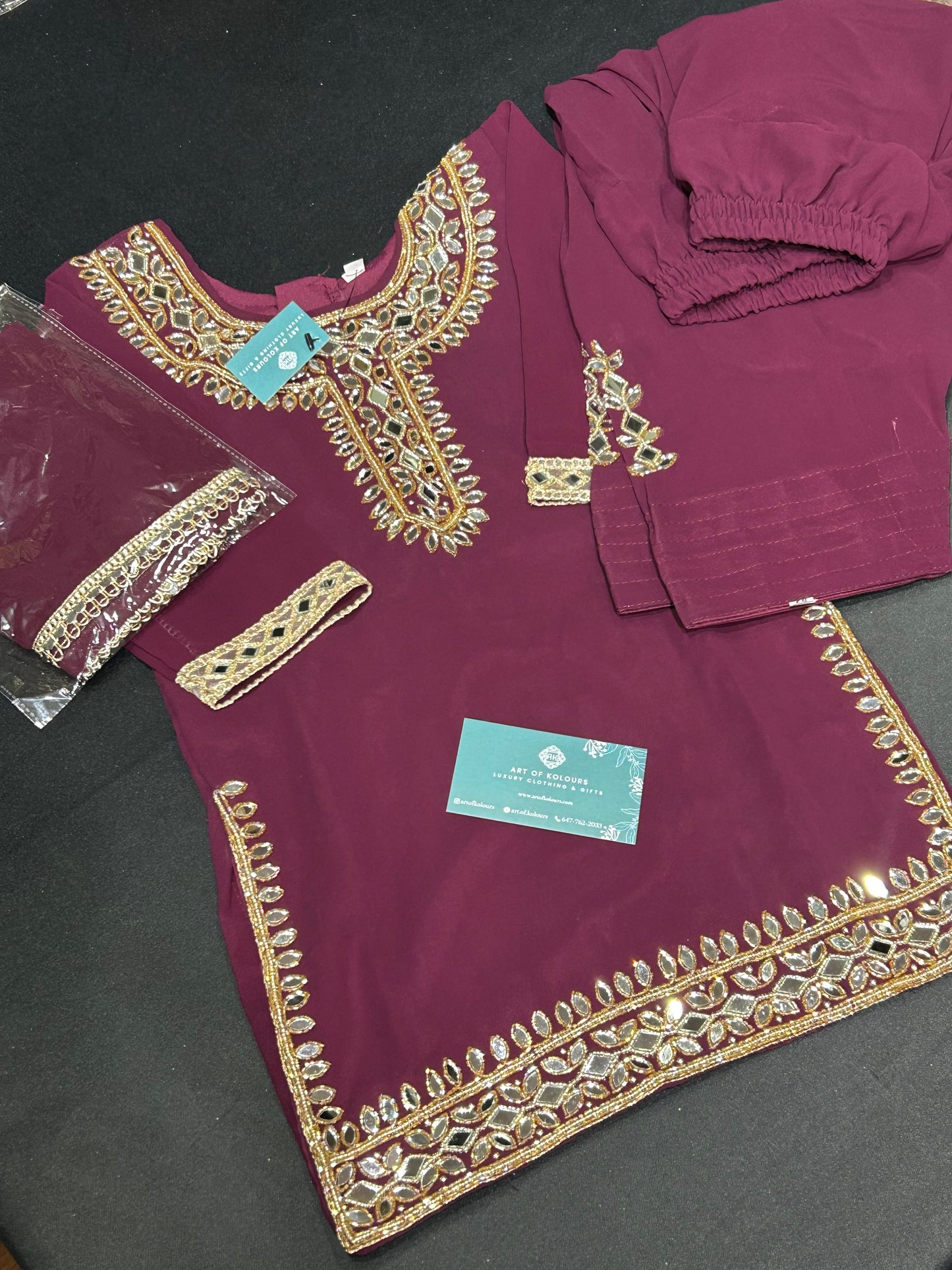 Kids Wine Mirror Work Salwar Suit (Size 20~34)
