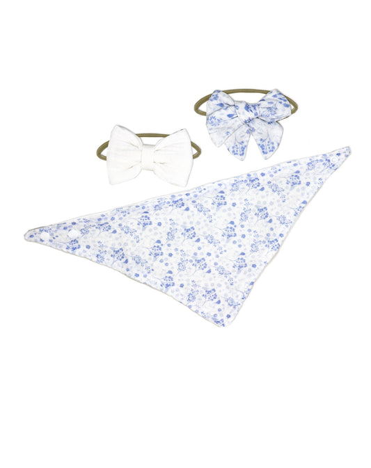 3 pc Bib and Headbands - Blue Floral
