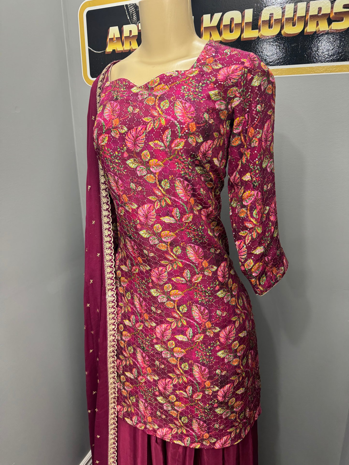 Wine Jasmine Gulzar Sharara Suit
