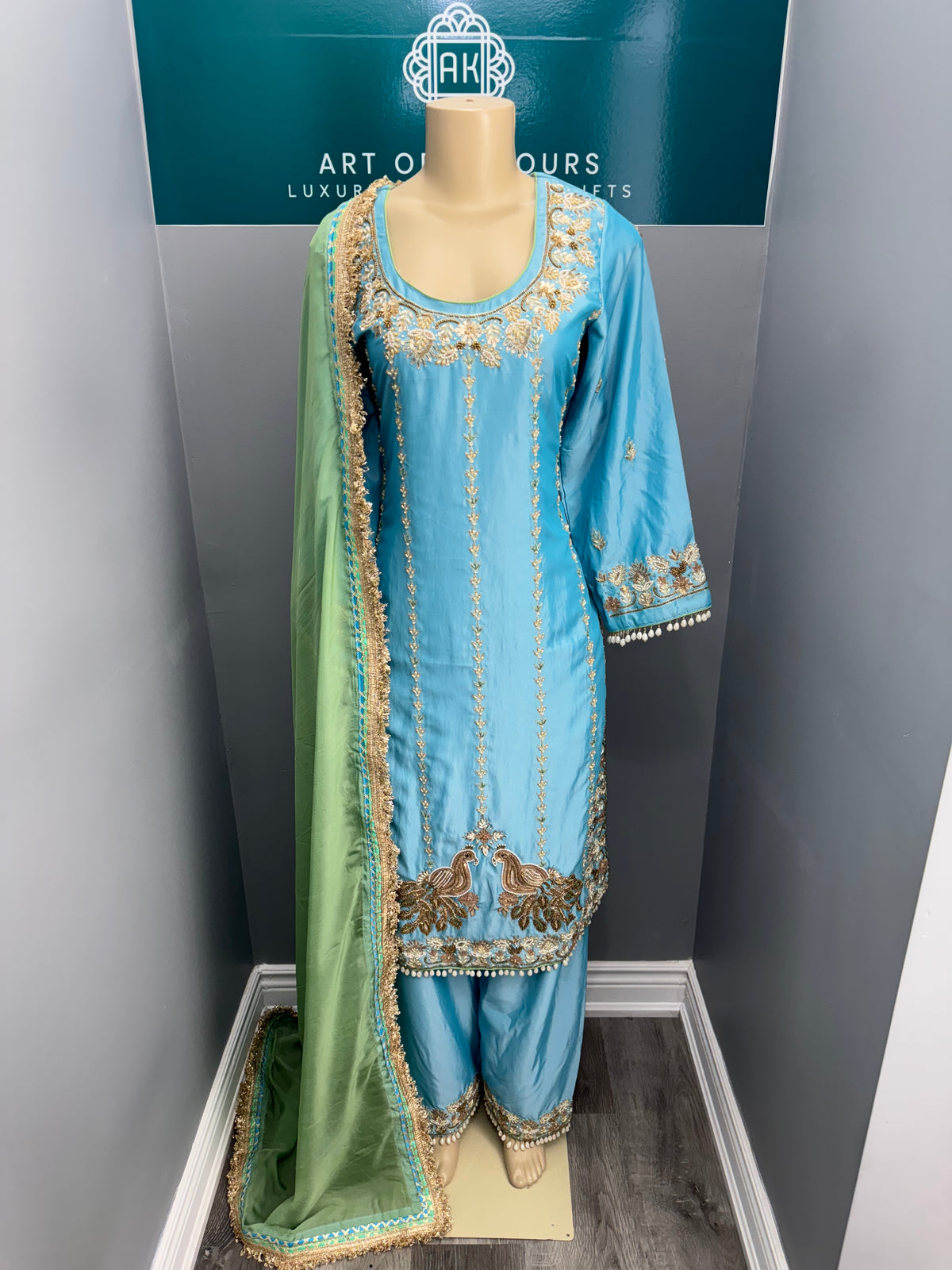 Cross Silk Blue Morni Handwork Plazo Suit AK