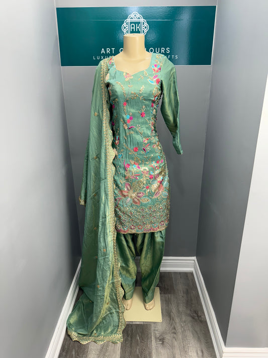 Pista Soneri Phulkari Salwar Suit
