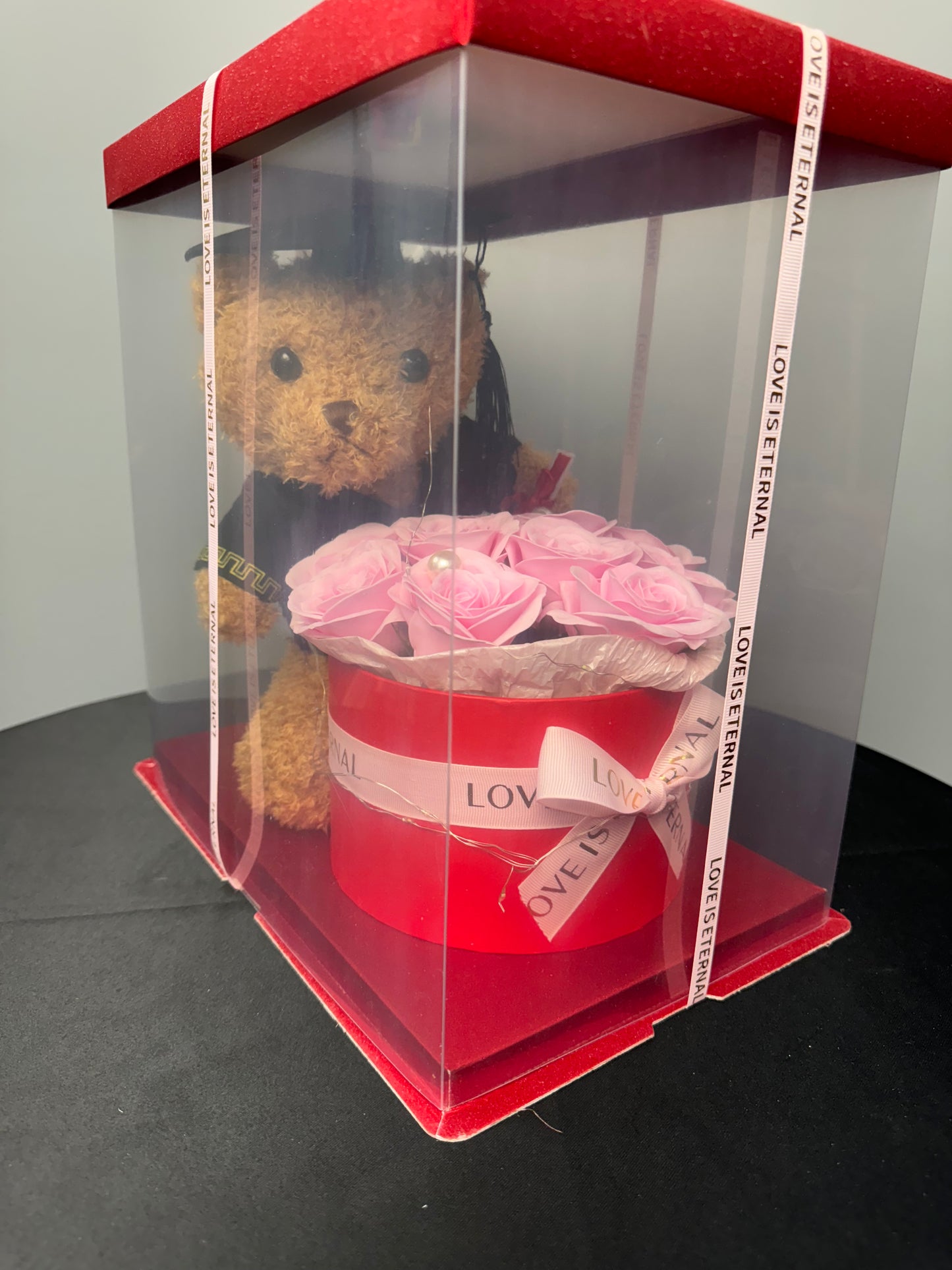 Eternal Roses with Grad Teddy Box Pink