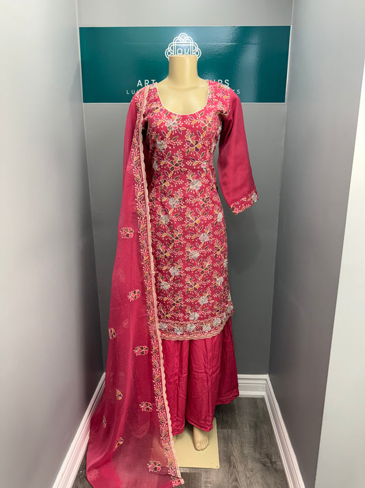 Red Embroidery Work Sharara Suit