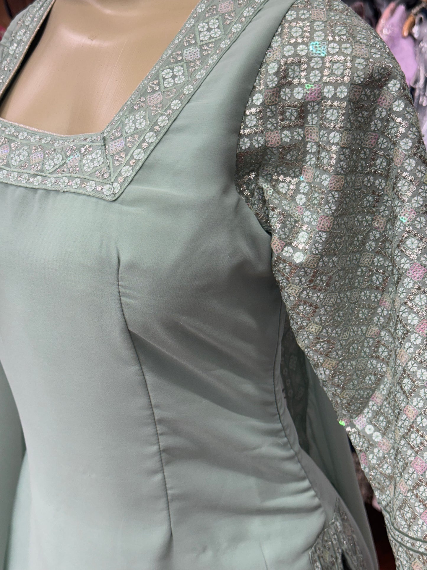 Sequence Work Long Top Lehenga Mint