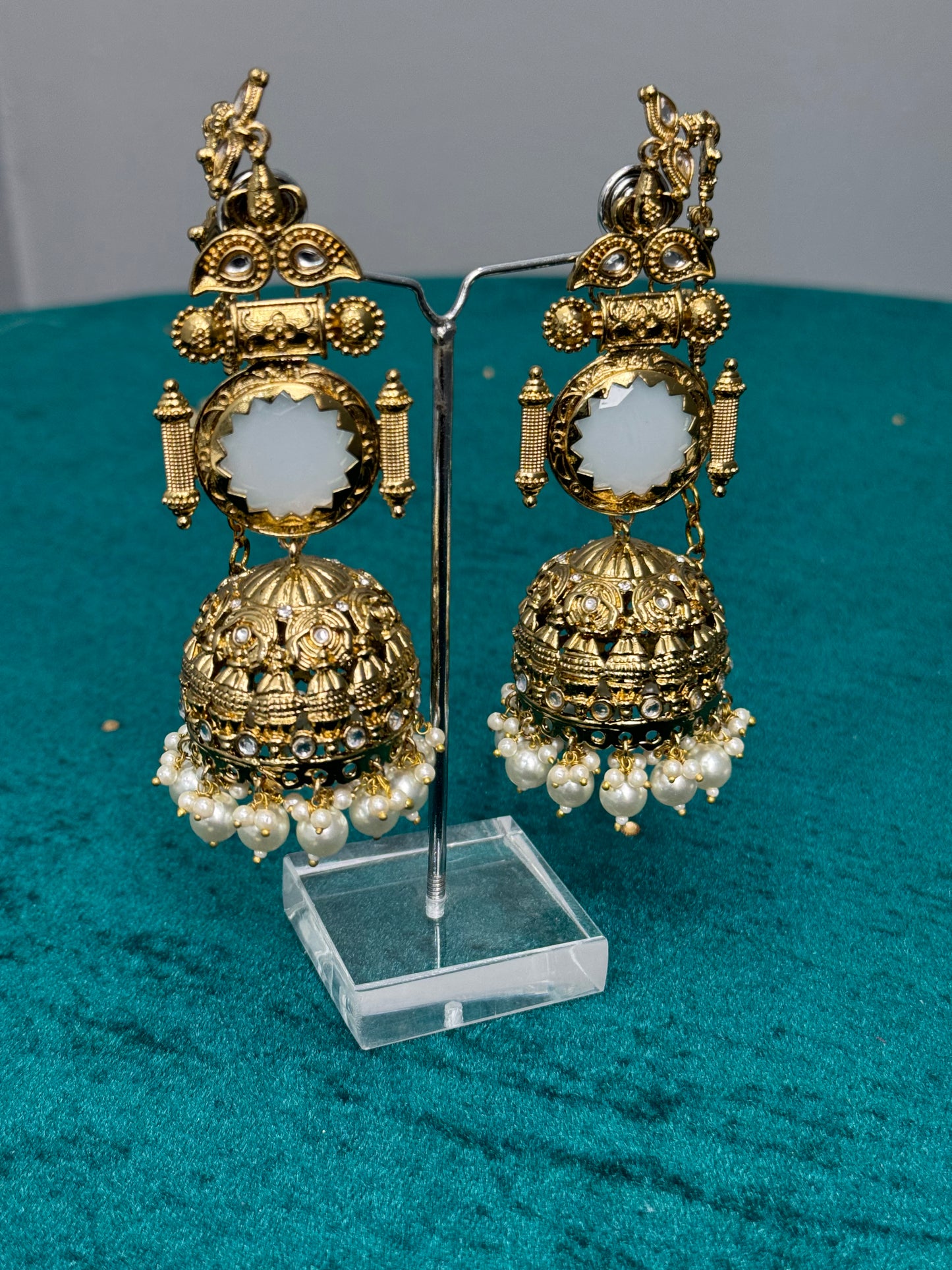 Gold-Plated Jhumka Earrings with Kundan and Pearl Detailing
