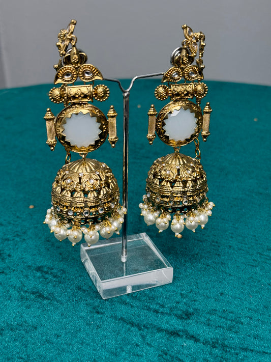 Gold-Plated Jhumka Earrings with Kundan and Pearl Detailing