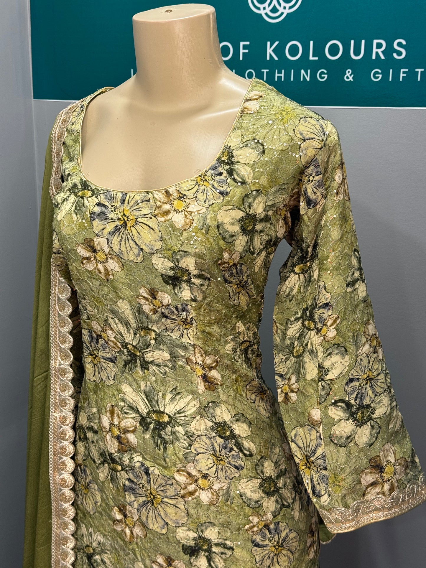 Printed Sequence Salwar Suit- Mendhi