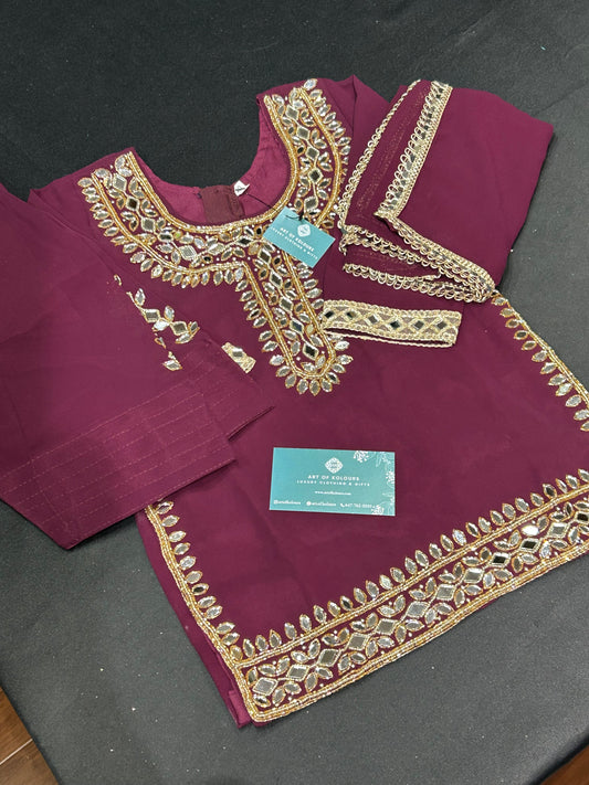 Kids Wine Mirror Work Salwar Suit (Size 20~34)
