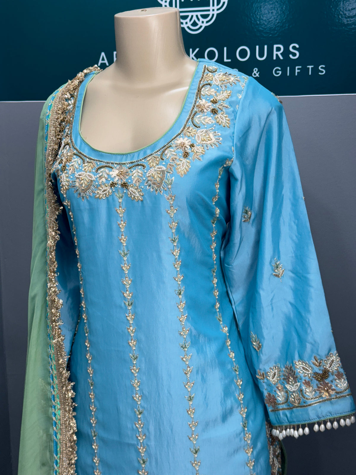 Cross Silk Blue Morni Handwork Plazo Suit AK
