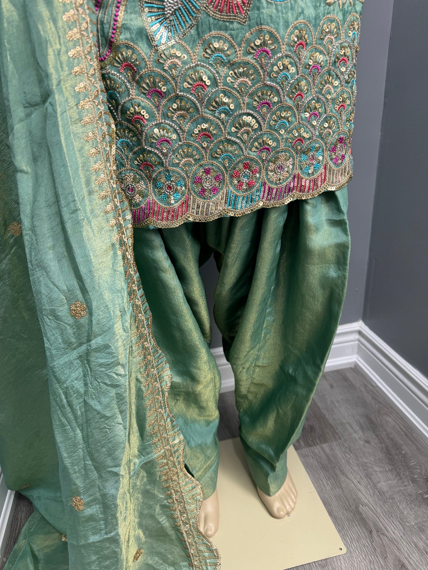 Pista Soneri Phulkari Salwar Suit