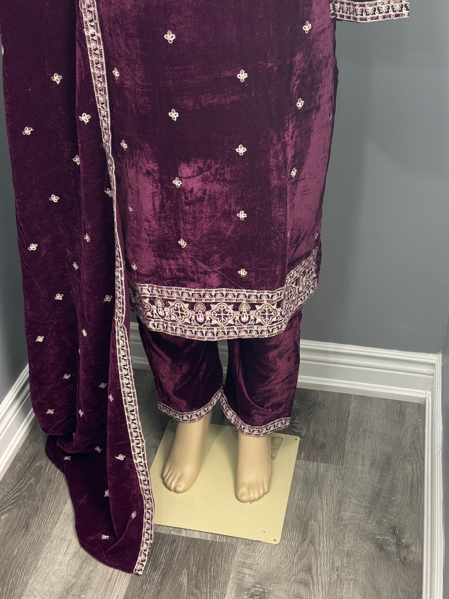 Wine Velvet Readymade Plazo Suit- AK7475-05