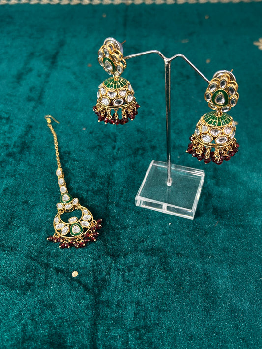 Green and Red Komal Earrings Tikka Set