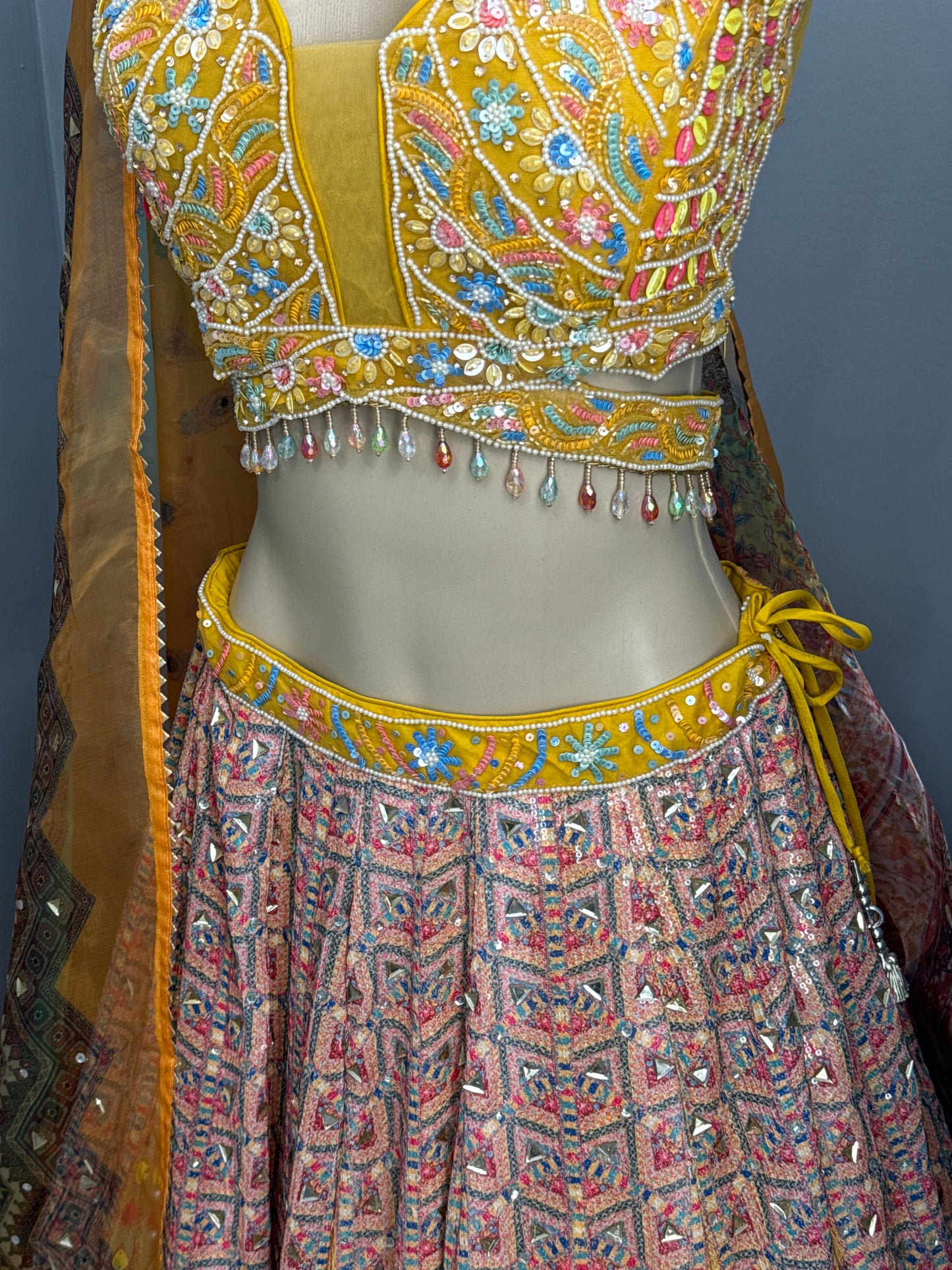 Yellow Bead and Sequence Work Lehenga