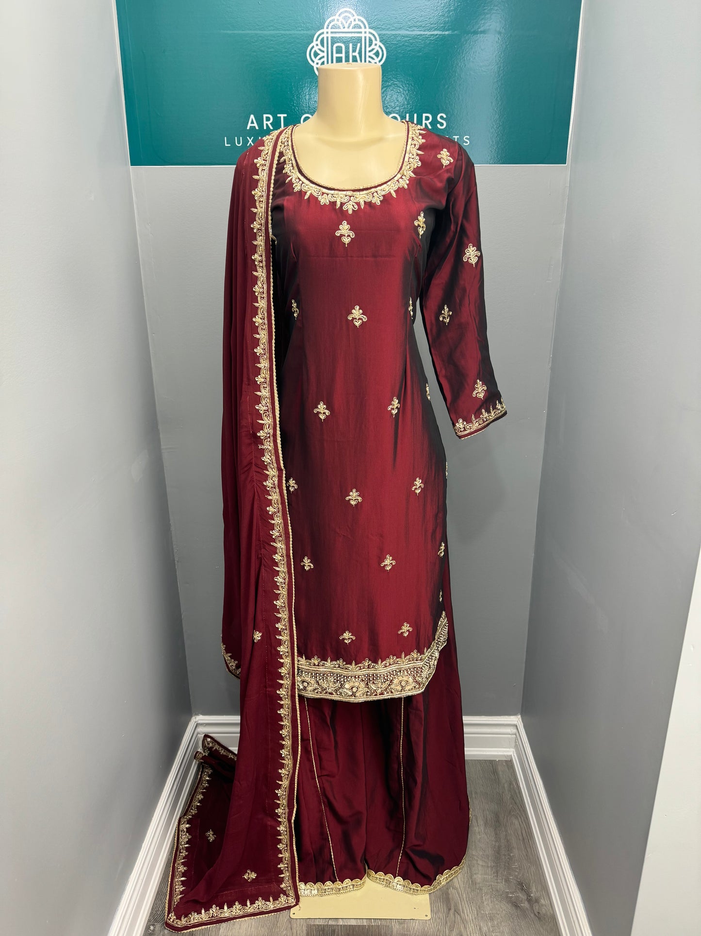 Handwork Sharara Suit- Maroon Cross Silk