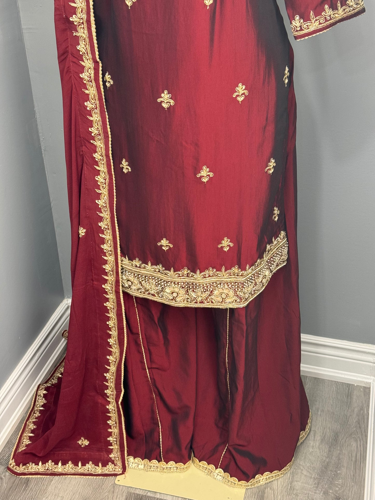 Handwork Sharara Suit- Maroon Cross Silk