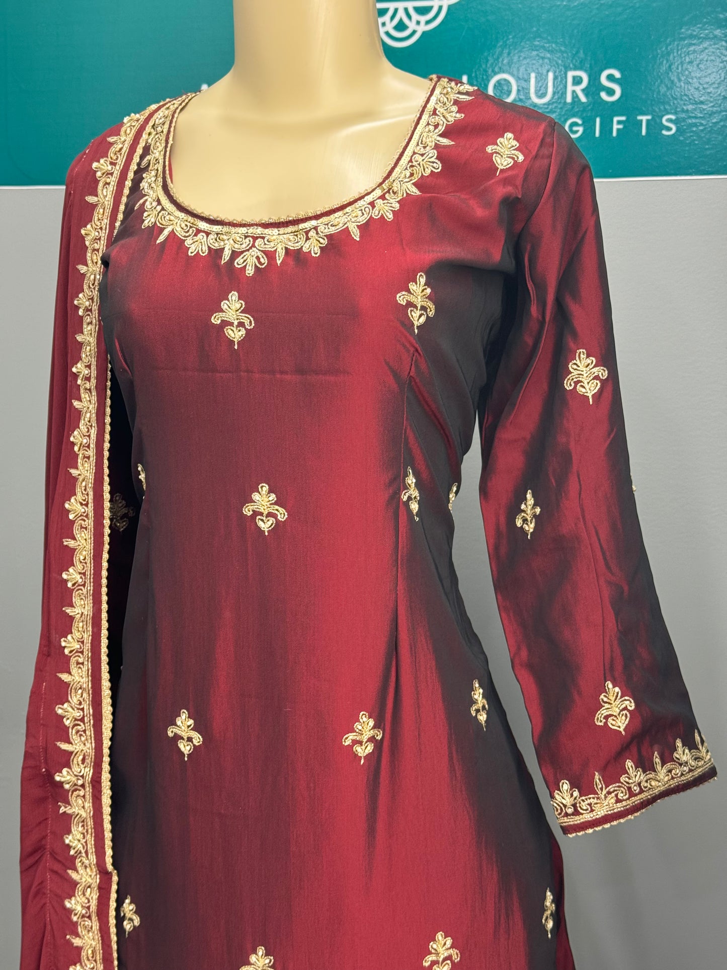 Handwork Sharara Suit- Maroon Cross Silk